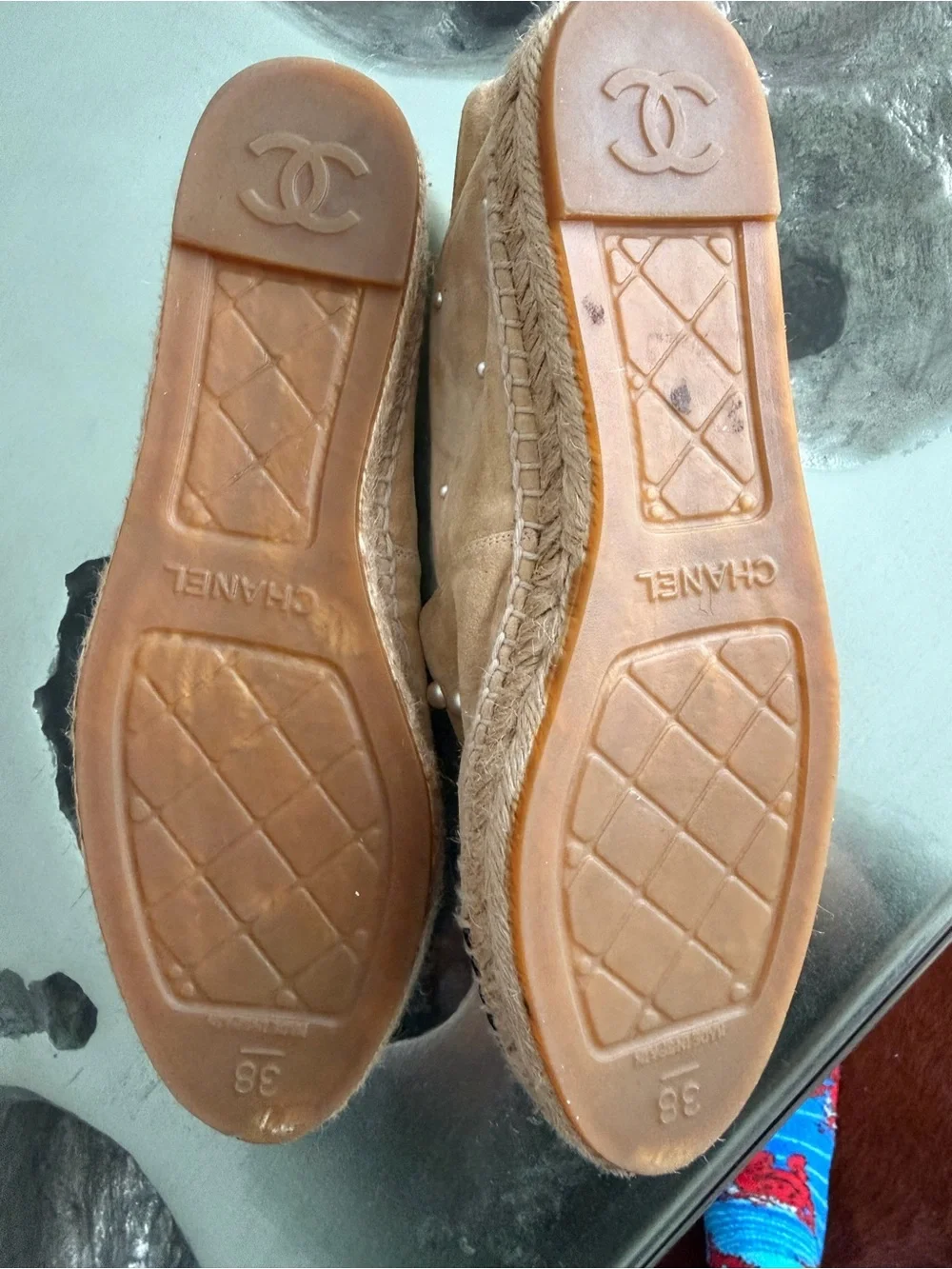 CHANEL Tan Suede Espadrilles with Black Toe and Pearl CC